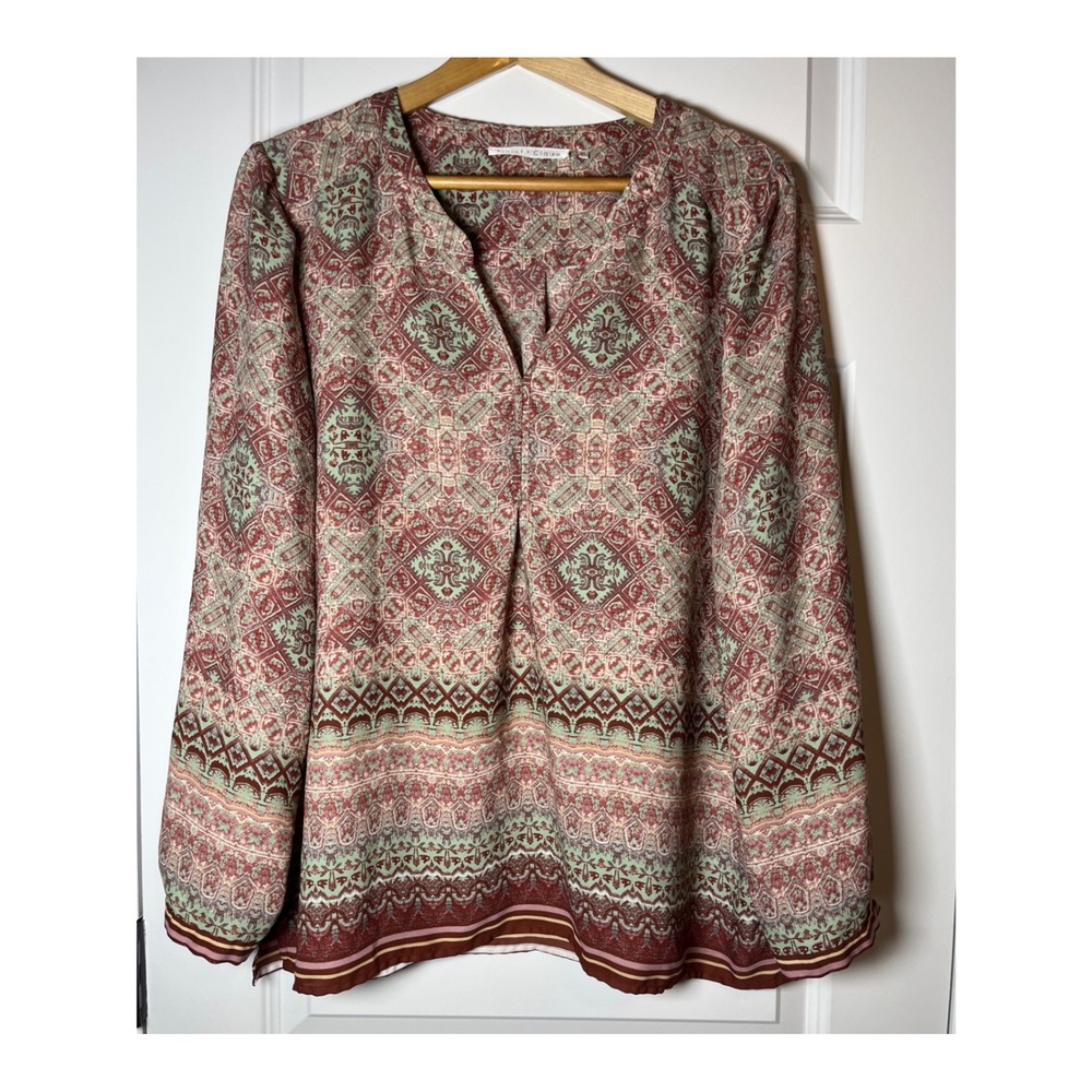 Violet + Claire Boho Geometric V-Neck Blouse XL Rust Green Long Sleeve Top